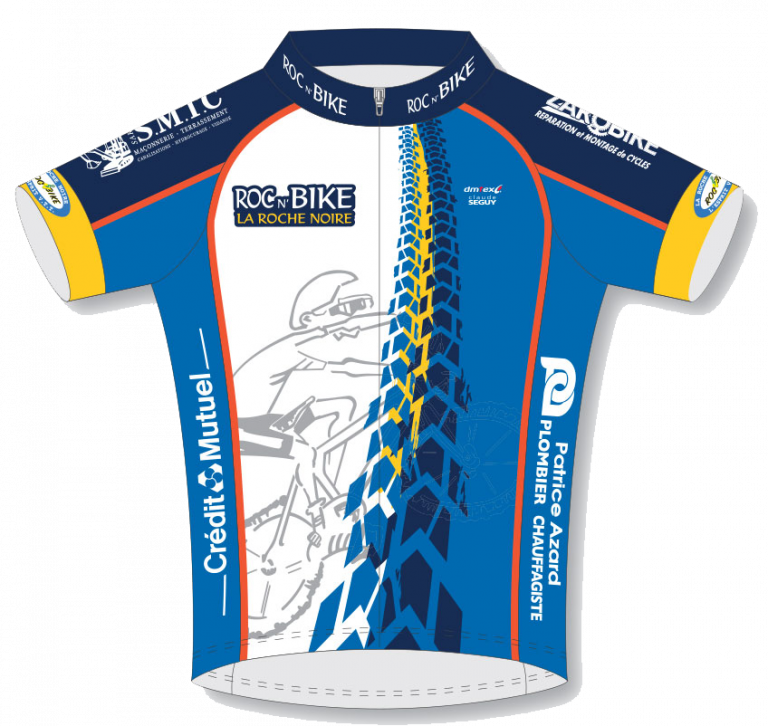 Le maillot du club, bleu et jaune, floqué des logos de nos sponsors !